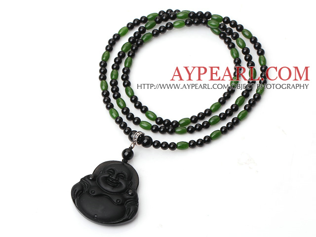Trendy Style Black Agate And Green Jade Necklace With Obsidian Maitreya Buddha Pendant