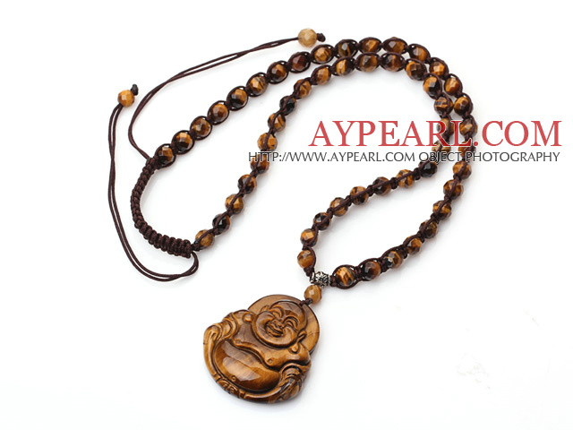 Conception classique facettes oeil de tigre pierre tissé Collier cordon réglable Pendentif Bouddha Maitreya Avec