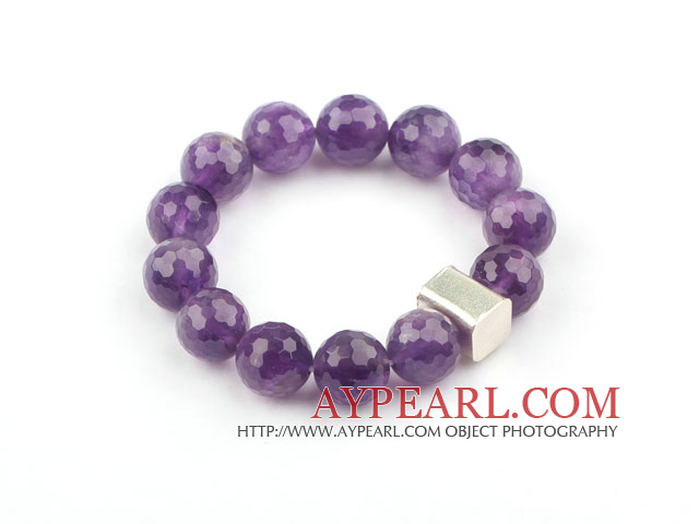 14mm Round Faceted Natural Amethyst Beaded Elastic Bangle Bracelet with Thailand Silver Accessory