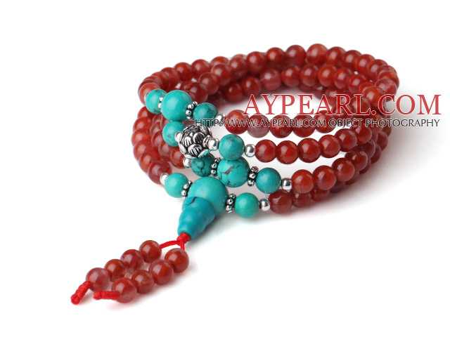 Gorgeous Fashion Multi Strands Red Agate og blå turkis 108 Perler Rosaty / Bønn Bracelet