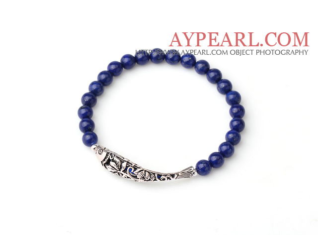 Smak Design Enkelt Strand Natural 3A Lapis armbånd med 925 Sterling Silver Fish Tilbehør