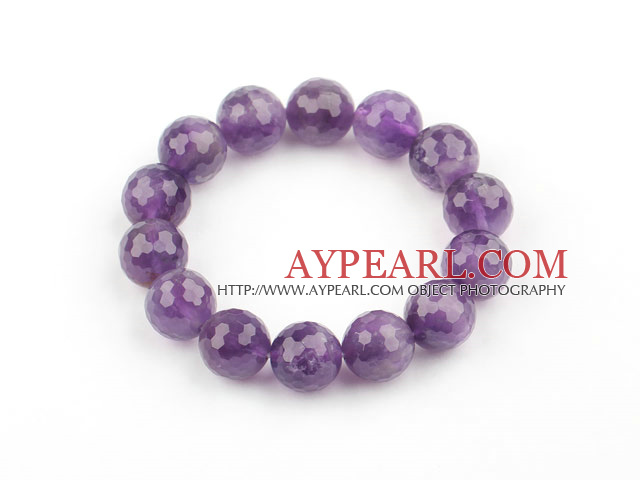 14mm Round Faceted Natural Amethyst Beaded Elastic Bangle Bracelet