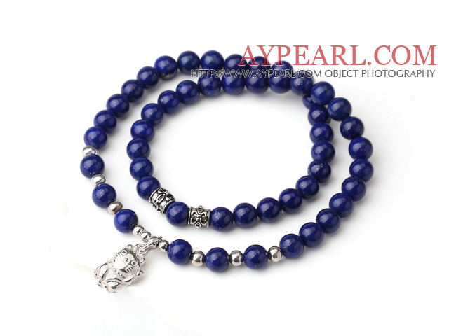 Sample Design Double Strands Natural 4A Lapis Bracelet With 925 Sterling Silver Fortune Cat Accessory