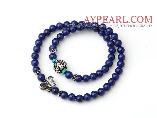 Smak Design Double Strands Natural 4A Lapis armbånd med 925 Sterling Silver Butterfly Og Lotus Accessory