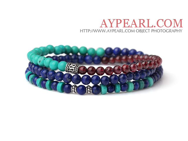 Sample Design Three Strands Natural Lapis Turquoise And Garnet Bracelet