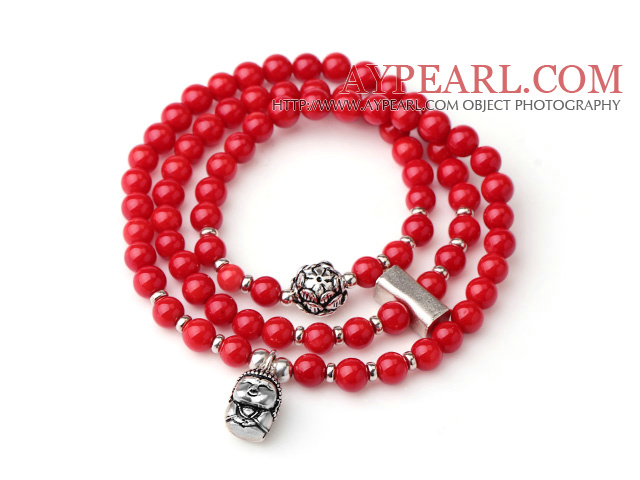 Hipanema Red Cinnabar Three Strands Bracelet With 925 Sterling Silver Cute Buddha Accessory