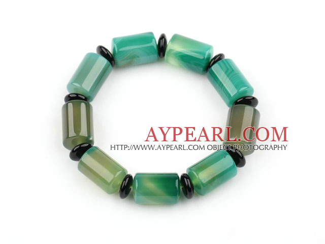 Natural Cylinder Shape Green Agate and Abacus Shape Black Agate Elastic Bangle Bracelet