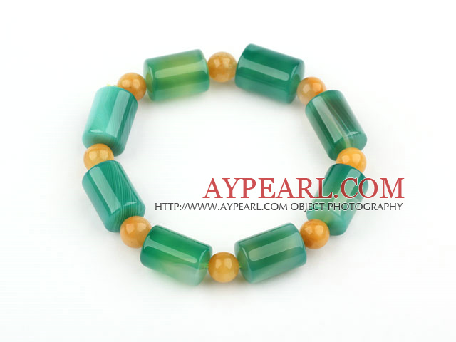 Natural Cylinder Shape Green Agate and Round Yellow Jade Elastic Bangle Bracelet