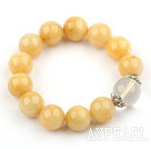 14mm Round Natural Yellow Jade and Clear Crystal Elastic Bangle Bracelet