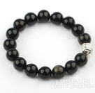 12mm Round Natural Obsidian Stretch Bangle Bracelet with Sterling Silver Pixiu Accessory