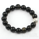 12mm Rund Natural Obsidian Stretch armband Armband med Sterling Silver Pixiu tillbehör