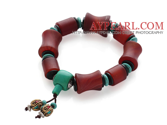 Classic Design Frosted Red Agate And Green Turquoise Coconut Shell Rosary/Prayer Bracelet