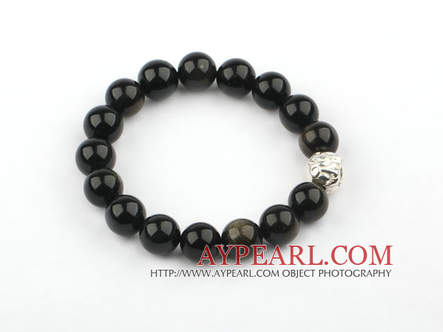 12mm rotund natural brățară brățară Stretch Obsidian cu Sterling Silver Pixiu accesorii