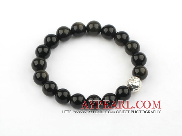 スターリングシルバーアクセサリーと10ミリメートル天然黒曜石弾性バングルブレスレット