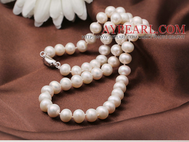 Gorgeous Fashion Grade En 8-9mm Natural White Ferskvann Pearl Necklace (No Box)