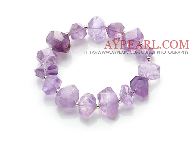 Fashion Style Irregular Shape Amethyst And 925 Sterling Silver Beads Elastic Bracelet