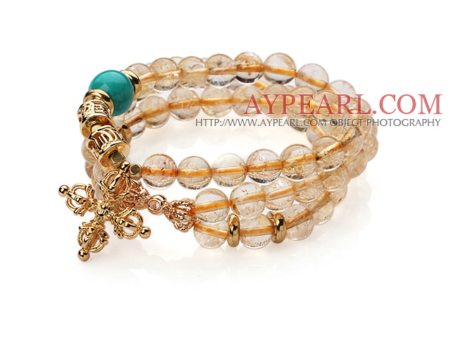 Amazing Three Strands Natural Citrine Amulet Bracelet With Golden Cross Charm