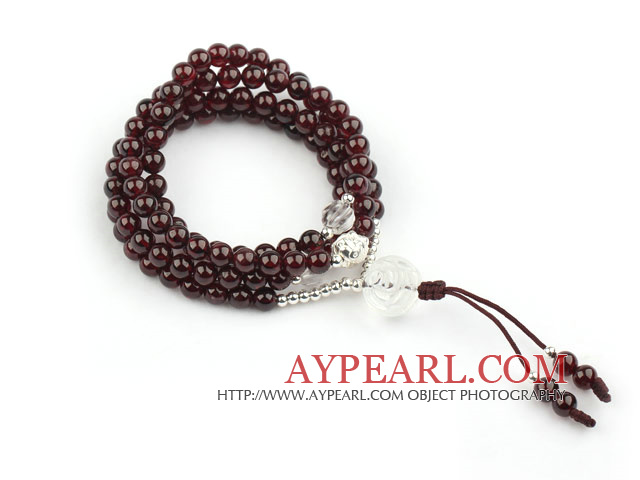 Natural Garnet Prayer Bracelet with Sterling Silver Accessories and Clear Crystal ( Rosary Bracelet 108 Beads)