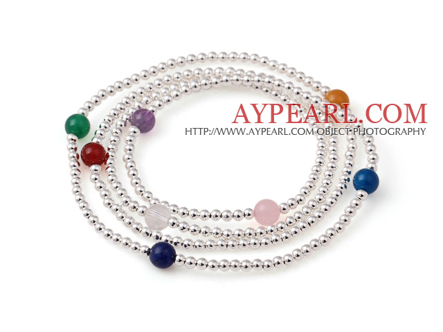 Trendig sommar Multi Strands 925 Sterling Silver pärlor armband med Multi Color Sten Pärlor