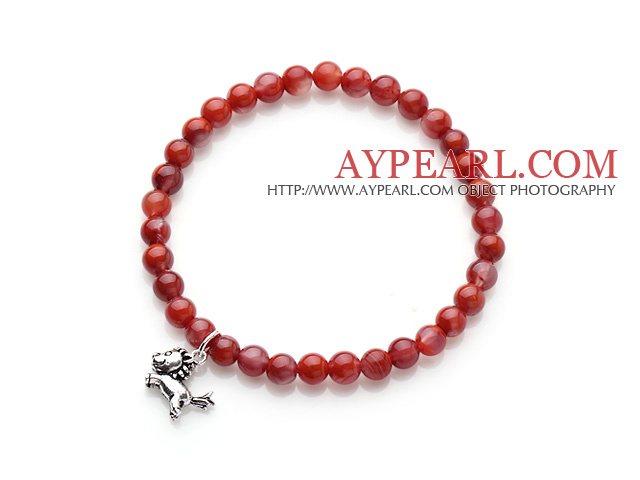 Великолепная Простой дизайн моды красный агат бисер эластичный браслет с стерлингового серебра 925 Cute Horse Charm