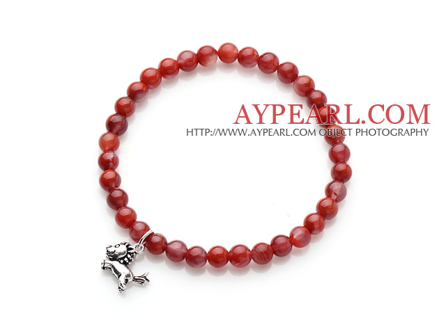 Gorgeous Simple Μόδας Red Agate χάντρες ελαστικό βραχιόλι με 925 Sterling Silver χαριτωμένο άλογο γοητεία