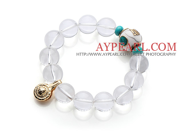 Summer Fashion Round Clear Crystal Pärlor elastisk armband med guldpläterade Amulet tillbehör