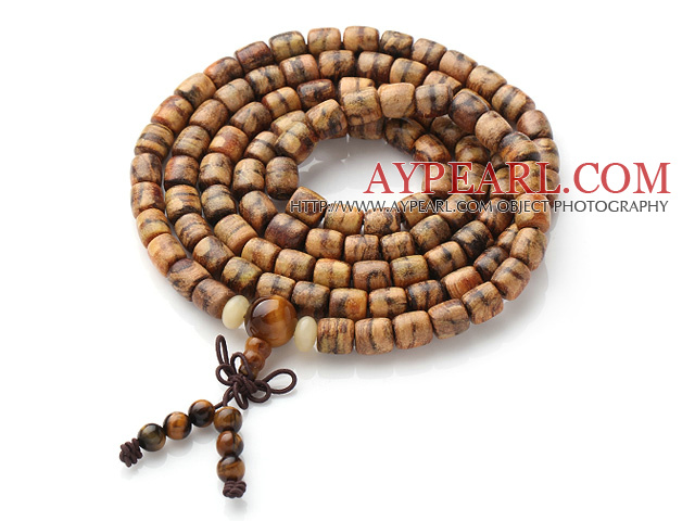 Classic Design Brown cyliner Shape Wood 108 Perler Rosary / Bønn Bracelet