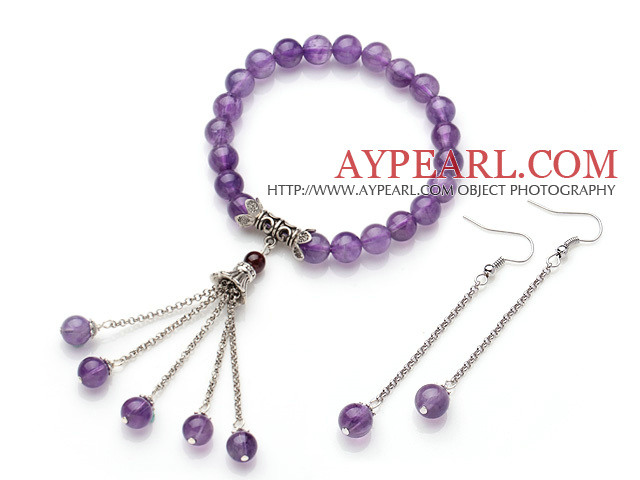 Natural Round Amethyst Set ( Elastic Bangle Bracelet and Matched Earrings )