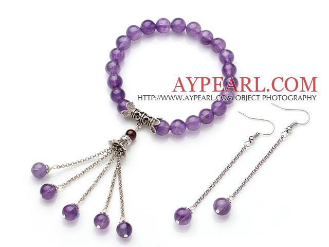 Naturlig Round Amethyst Set (Elastic Bangle Bracelet og matchet øredobber)