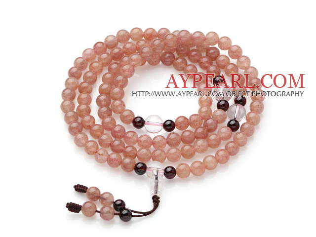 Natural Pink Strawberry Quartz Prayer Bracelet with Clear Crystal and Garnet (  Rosary Bracelet Total 108 Beads )