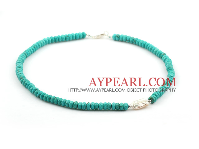 Abacus Shape Natural Faceted Green Turquoise Necklace with Sterling Silver Clasp and Big White Biwa Pearl