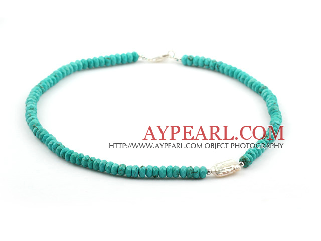 Abacus Shape Naturlig Fasettert Grønn Turquoise Halskjede med Sterling sølvspenne og Big White Biwa Pearl