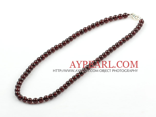 5mm Natural Round Garnet Beaded Necklace with Sterling Silver Lobster Clasp