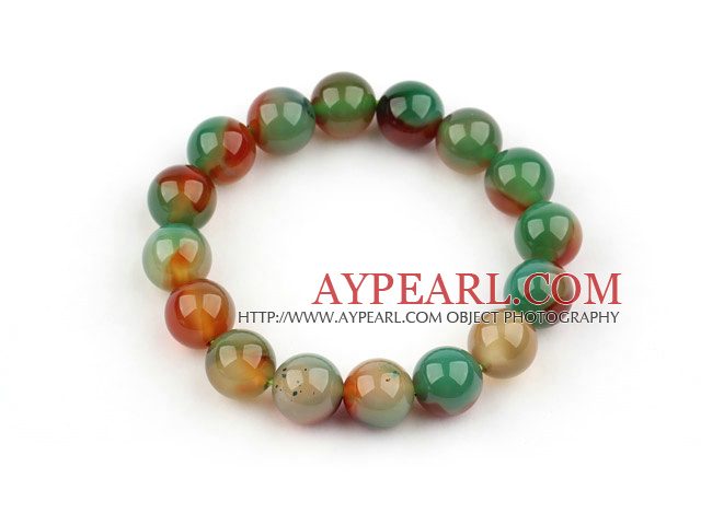 12mm Natural Peacock Agate Beaded Elastisk Bangle Bracelet