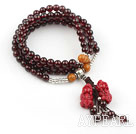 Natural Garnet Prayer Bracelet with Sterling Silver Accessories and Pixiu Accessory and Yellow Jade ( Rosary Bracelet 108 Beads)