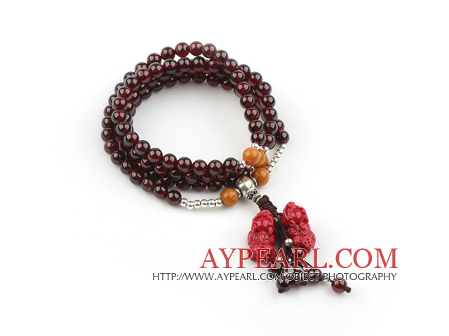 Natural Garnet Prayer Bracelet with Sterling Silver Accessories and Pixiu Accessory and Yellow Jade ( Rosary Bracelet 108 Beads)