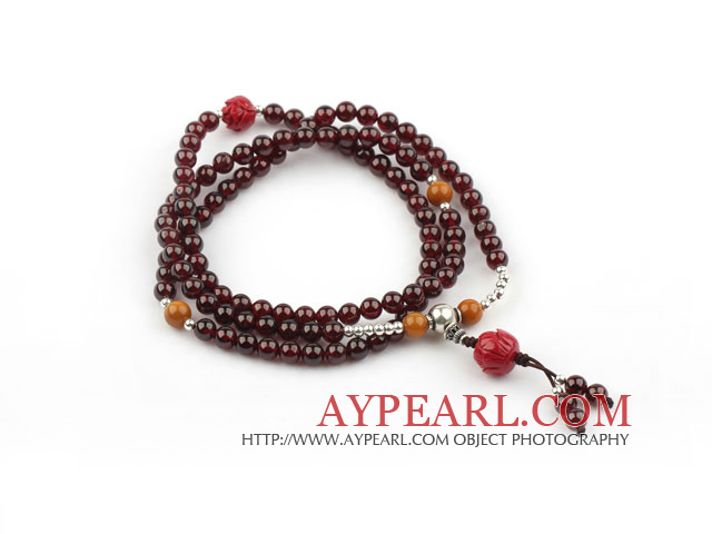 Natural Garnet Prayer Bracelet with Sterling Silver Accessories and Lotus Accessory and Yellow Jade ( Rosary Bracelet 108 Beads)