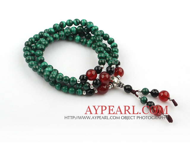 Natural Malachite Prayer Bracelet with Sterling Silver Accessories and Black Agate and Carnelian ( Rosary Bracelet 108 Beads)