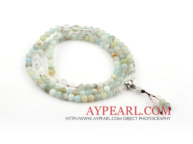 Natural Flower Aquamarine Prayer Bracelet with Clear Crystal and Sterling Silver Accessories ( Rosary Bracelet Total 108 Beads)