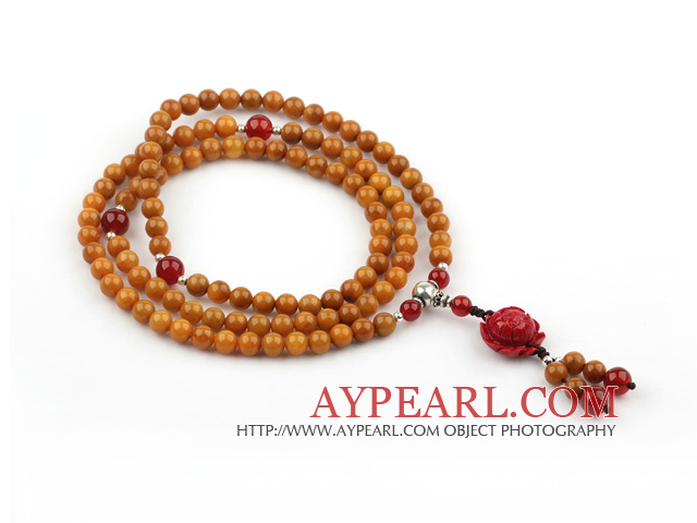 Naturel Old Bracelet jaune prière Jade avec les accessoires en argent sterling et accesoires Lotus et cornaline (108 perles)