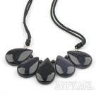 Simple Style Drop Natural Blue Sandstone Fan Shape Necklace with Pink Thread