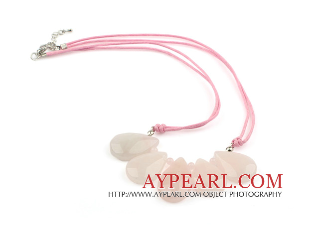 Simple Style Drop Rose Quartz Fan Shape Necklace with Pink Thread