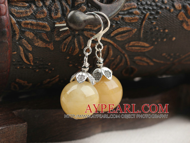 14mm Boucles d'oreilles Jade Jaune naturelles avec 925 Crochets en argent sterling