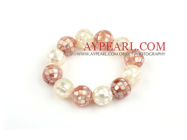 16mm Mosaikk hvit og rosa Shell Stretch Bangle Bracelet