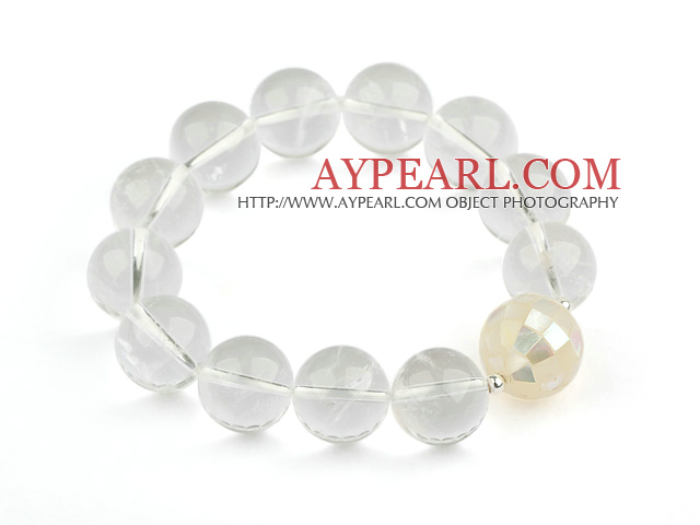 14mm Natural Clear Crystal and Mosaics White Shell Stretch Bangle Bracelet