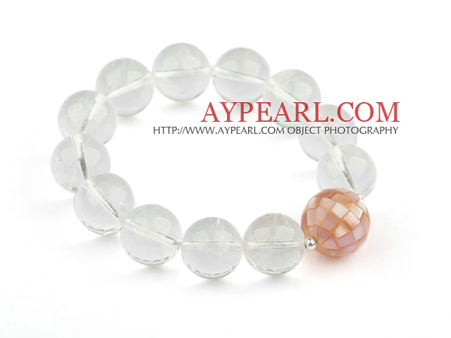 14mm Natural Clear Crystal and Mosaics Pink Shell Stretch Bangle Bracelet