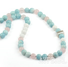 Natural Aquamarine and Rose Quartz and Carved White Sea Shell Necklace with Sterling Silver Accessory