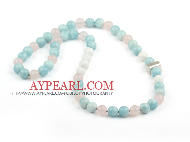 Aquamarine naturale și Rose cuarț și sculptate alb colier Shell Marea cu accesorii de argint Sterling