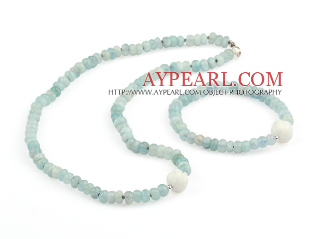 Natürliche Faceted Aquamarine and White Sea Shell mit 925 Sterling Silber Zubehör-Set