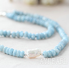 Naturlig Fasettert Abacus Shape Aquamarine og Biwa Pearl Necklace